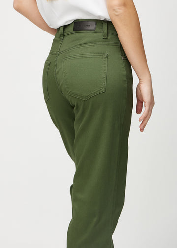 Dark green loose jeans seen from the back close up to show details.