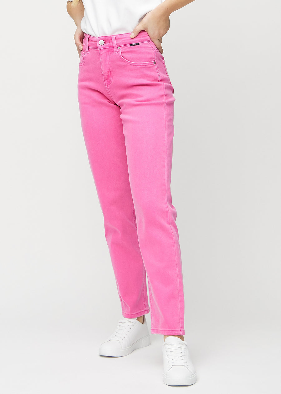 Regular jeans for women in light pink, color Flamingos. Front view on a model, showing the classic straight-leg fit.