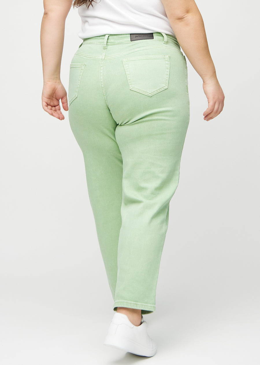 Regular jeans for women in light green, color Mints. Back view on a plus-size model, showing the full fit.