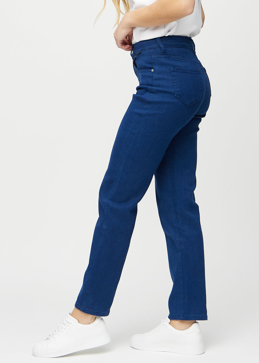 Regular jeans for women in dark blue, color Royals. Side view on a model.