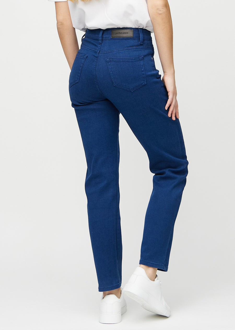 Regular jeans for women in dark blue, color Royals. Back view on a model, showing the full fit.