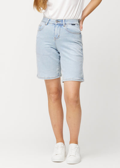 Light blue Waves denim shorts for women with a mid-rise waist and loose fit.