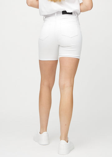 White skinny short shorts seen from the back, so the full product can be seen.