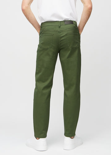 Dark green regular jeans seen from the back, so the entire product can be seen.