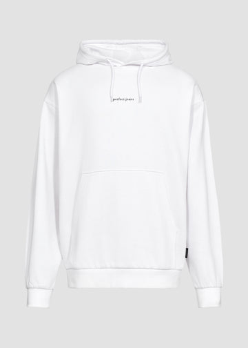 Hvid unisex hoodie fra Perfect Jeans, med sort logo midt på brystet, set forfra.