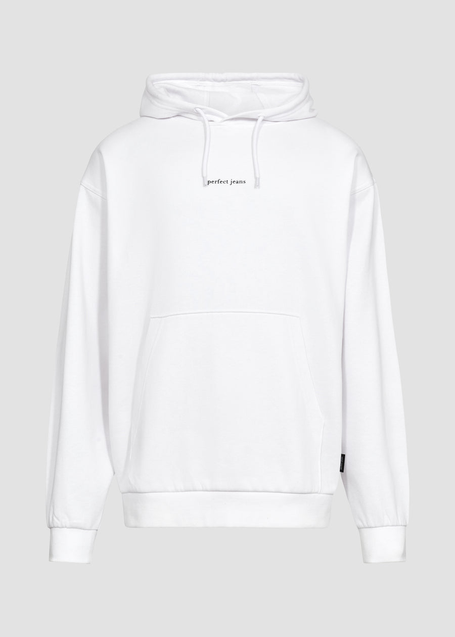 Hvid unisex hoodie fra Perfect Jeans, med sort logo midt på brystet, set forfra.