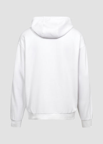 Hvid unisex hoodie fra Perfect Jeans, set bagfra.